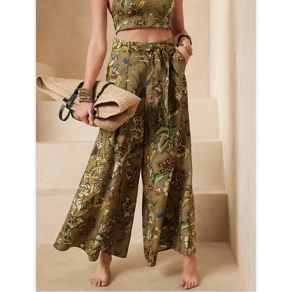 NWT BANANA REPUBLIC Meridian Boho Vintage Floral Wide‎ Leg Linen Pants Sz 4P